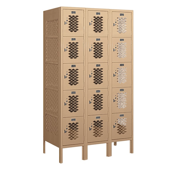 5 Tier Box Vented Locker, 36"Wx66"Hx18"D, 15 Door, Tan, Unassembled